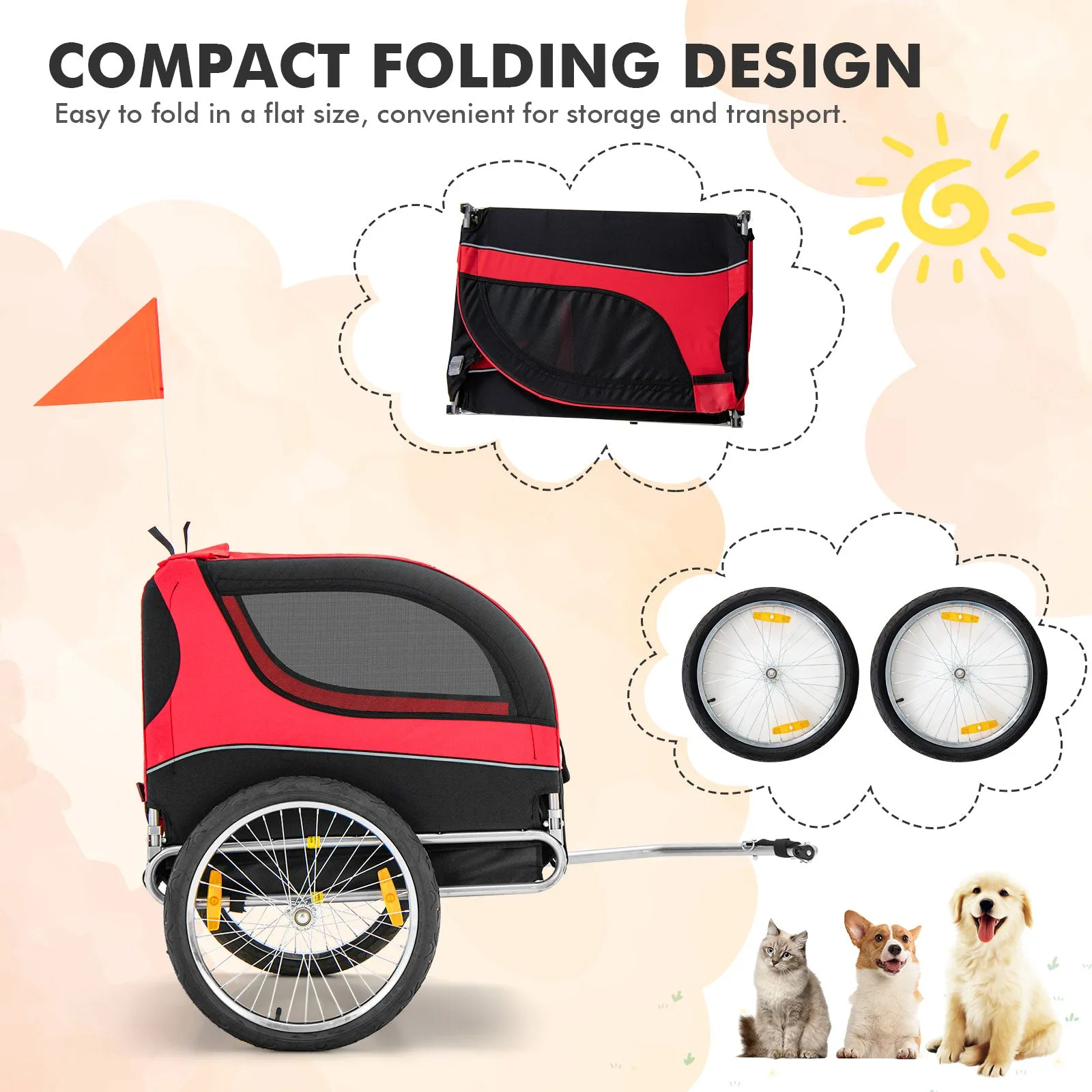 NNECW Folding Pet Bike Trailer with 3 Zippered Doors and 8 Reflectors-Red