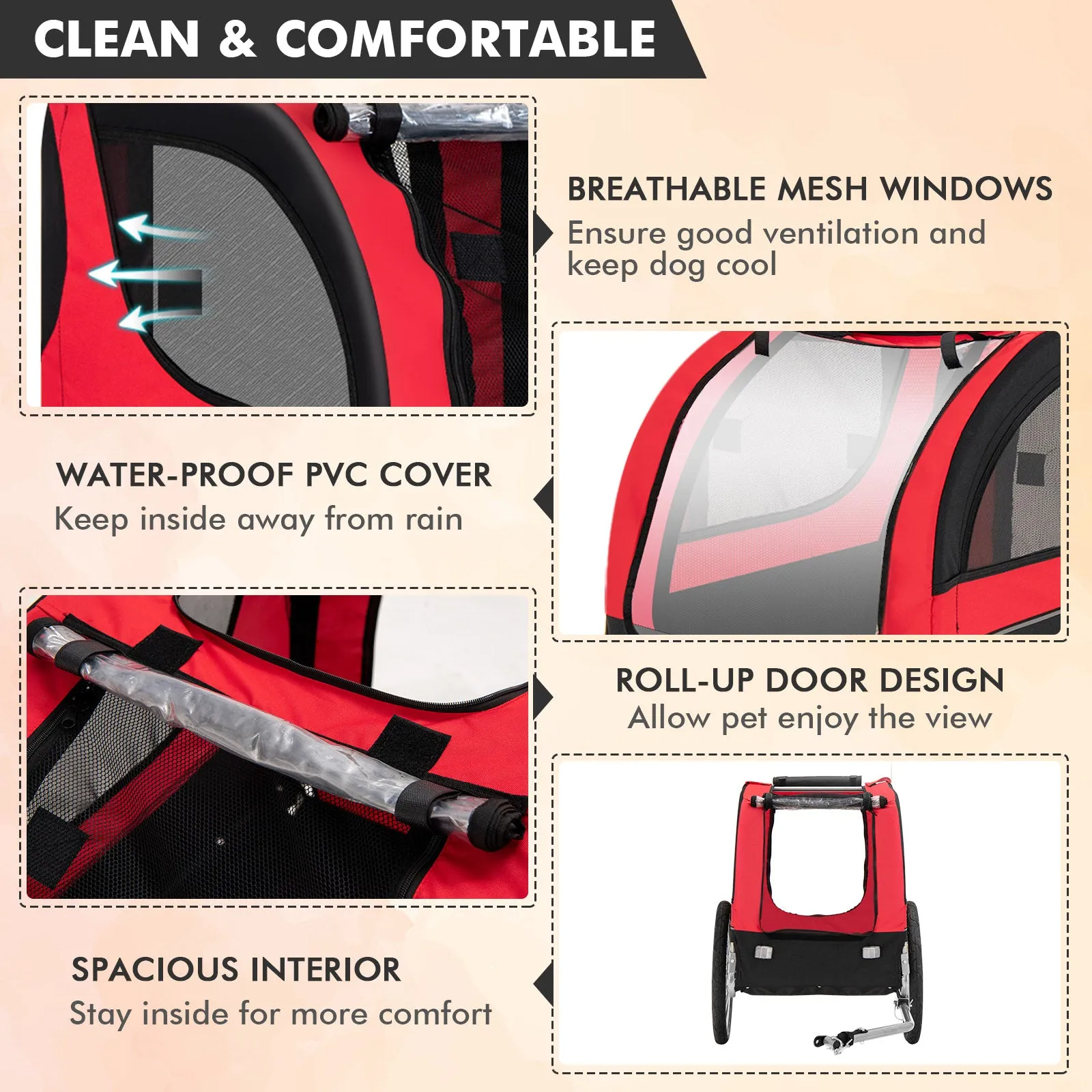 NNECW Folding Pet Bike Trailer with 3 Zippered Doors and 8 Reflectors-Red