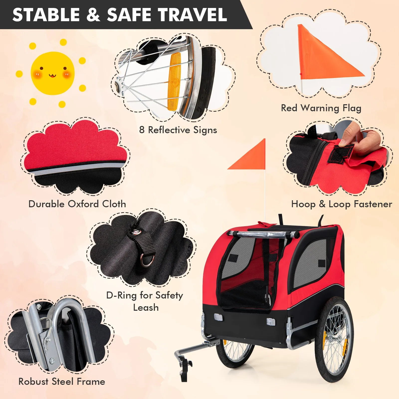 NNECW Folding Pet Bike Trailer with 3 Zippered Doors and 8 Reflectors-Red