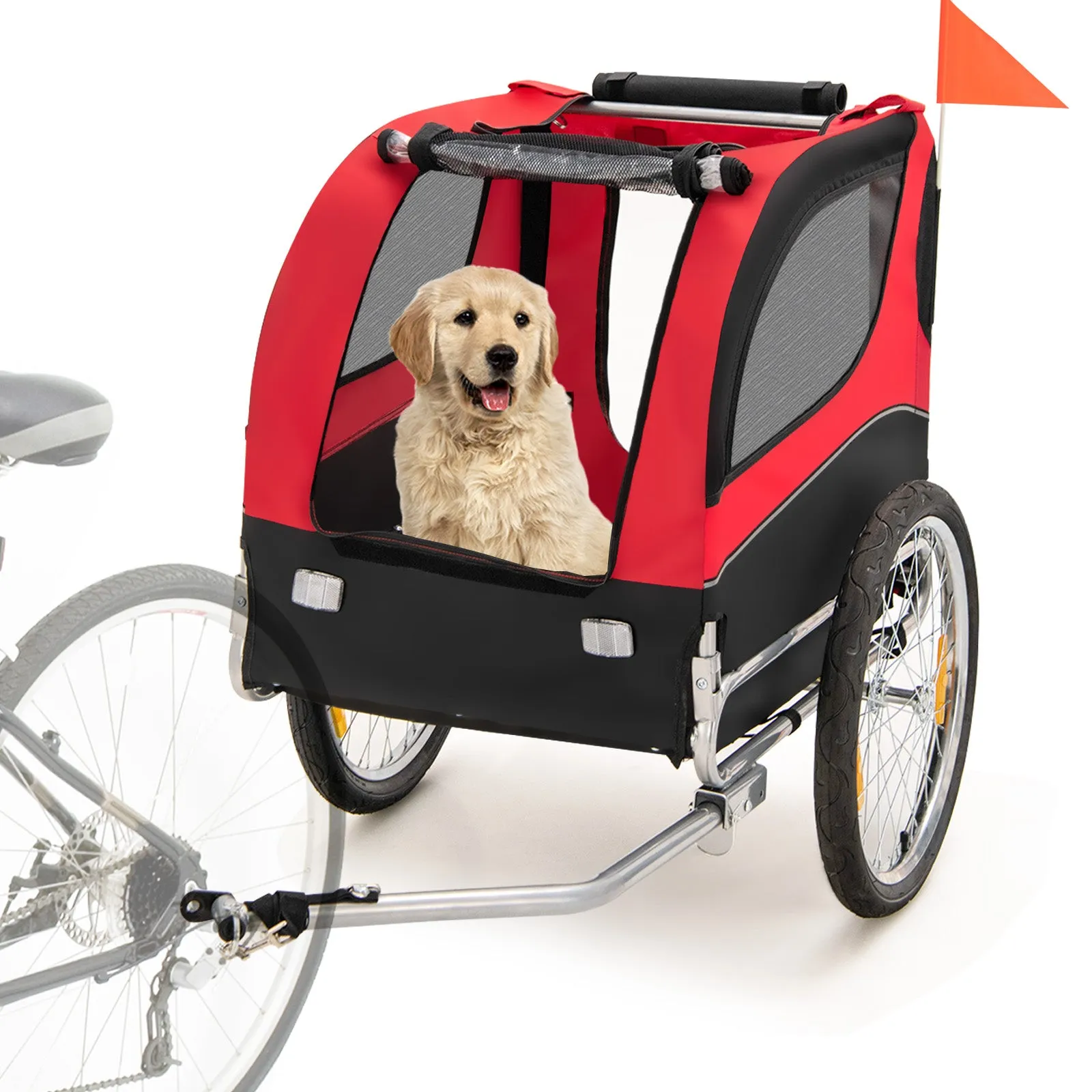 NNECW Folding Pet Bike Trailer with 3 Zippered Doors and 8 Reflectors-Red