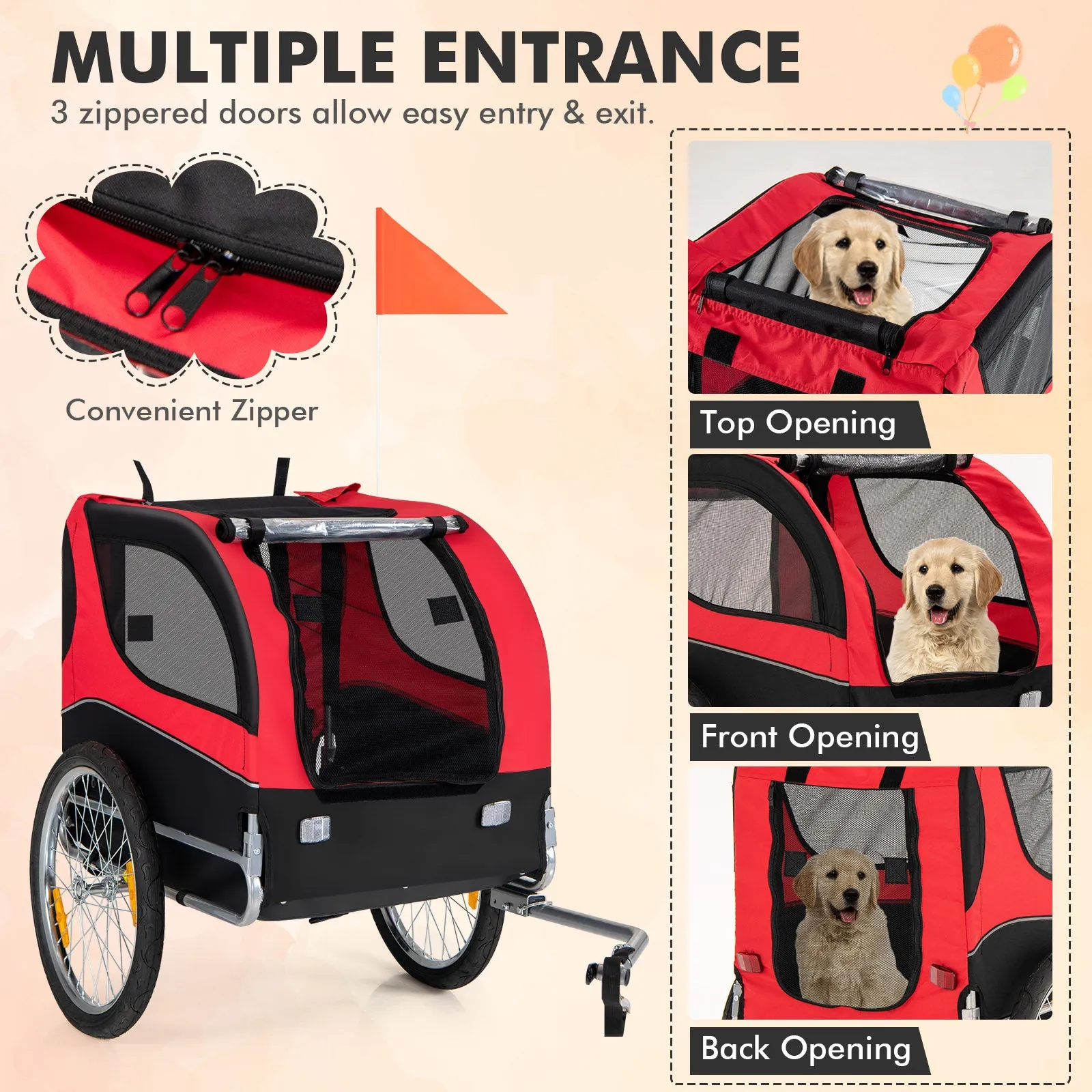 NNECW Folding Pet Bike Trailer with 3 Zippered Doors and 8 Reflectors-Red