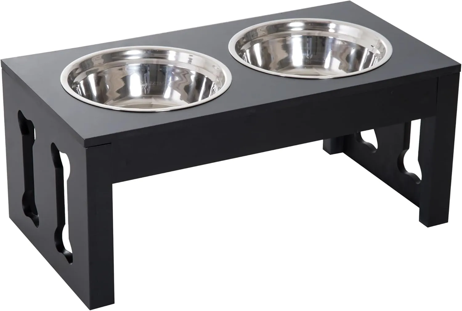 PawHut 23" Modern Decorative Dog Bone Wooden Heavy Duty Pet Food Bowl Elevated Feeding Station - Black