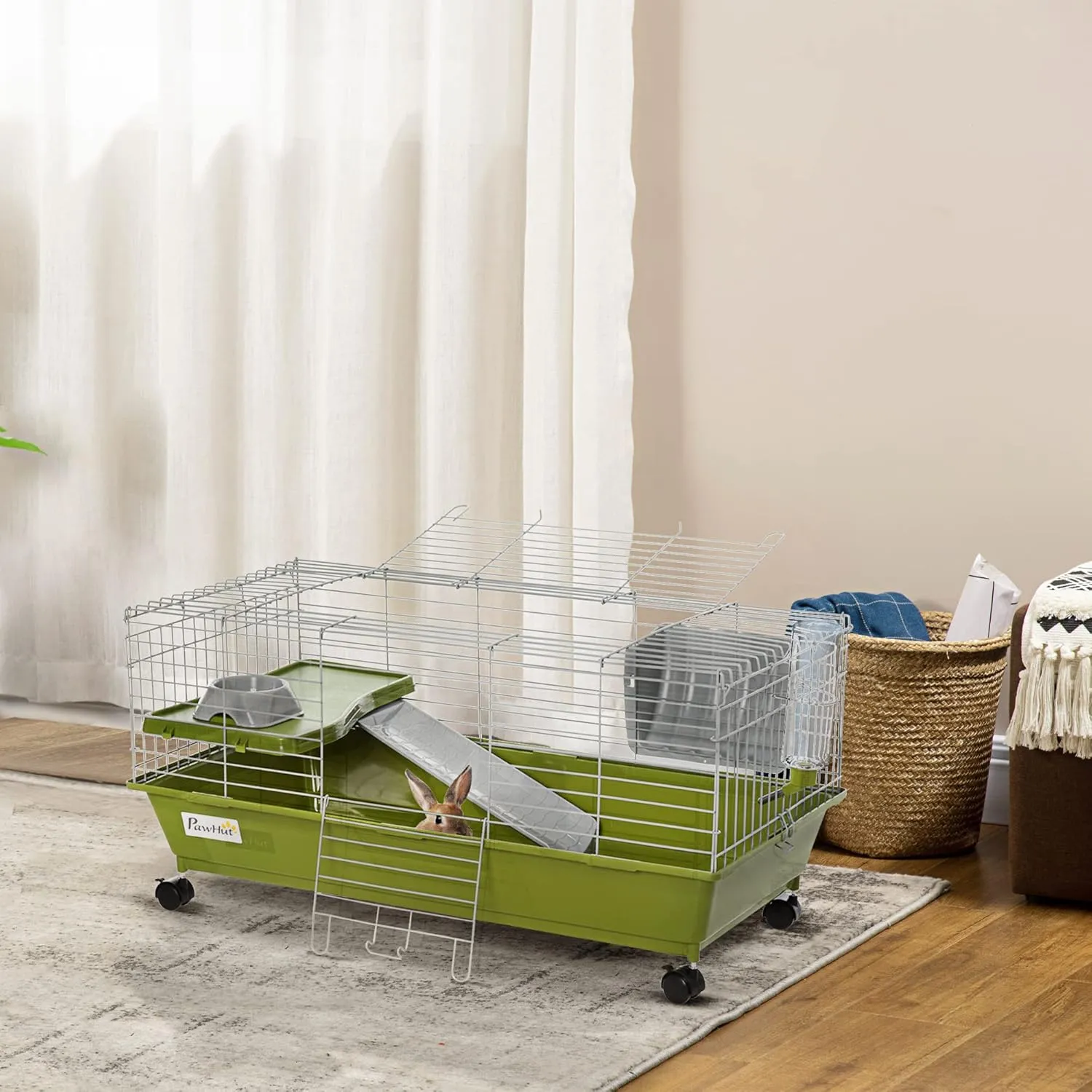PawHut 35" L Small Animal Cage, Rolling Bunny Cage, Guinea Pig Cage with Food Dish, Water Bottle, Hay Feeder, Platform, Ramp for Chinchilla, Green