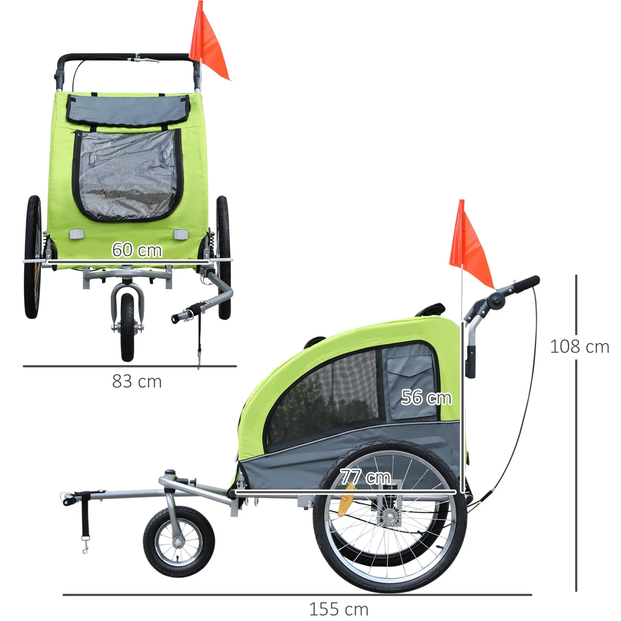 PawHut Dog Bike Trailer Pet Stroller Cart Carrier for Bicycle 360¡ Rotatable with Reflectors 3 Wheels Hitch Coupler Push/ Pull/ Brake Water Resistant Green