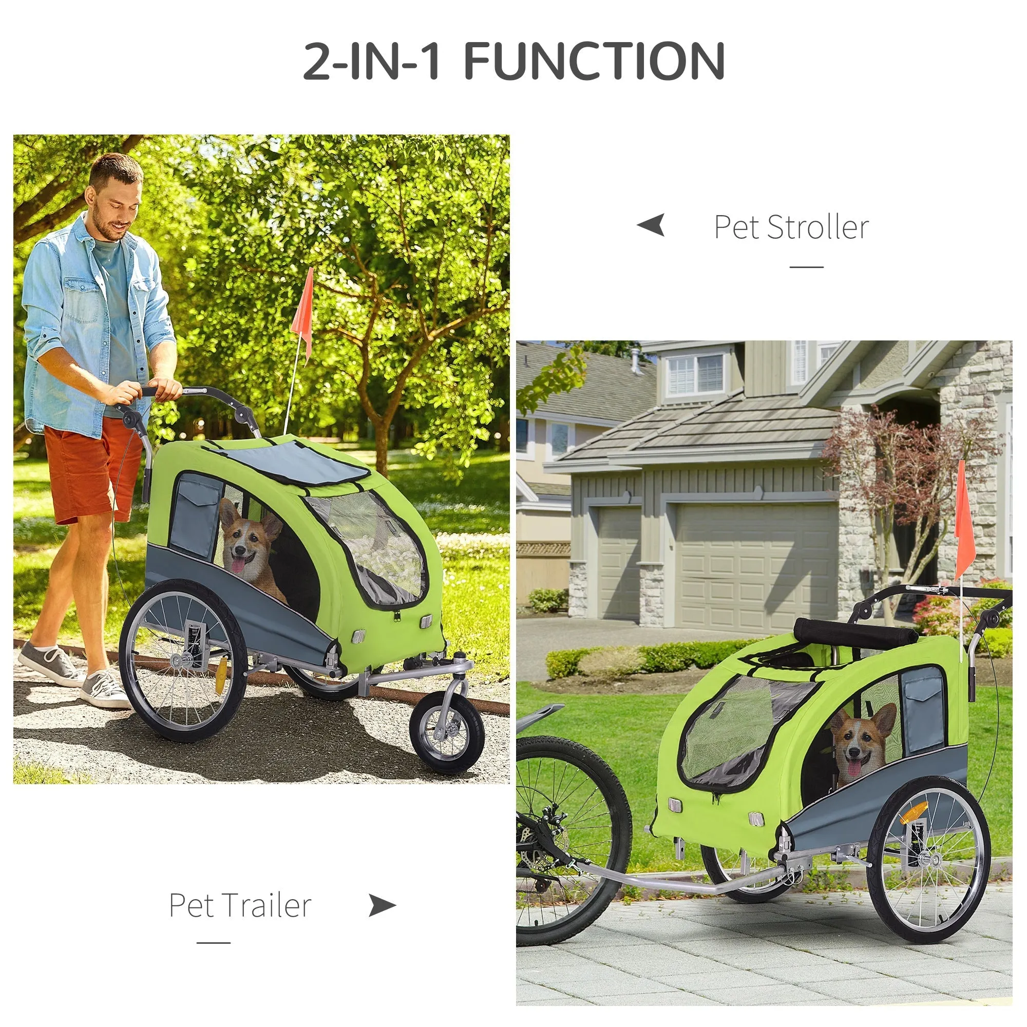 PawHut Dog Bike Trailer Pet Stroller Cart Carrier for Bicycle 360¡ Rotatable with Reflectors 3 Wheels Hitch Coupler Push/ Pull/ Brake Water Resistant Green