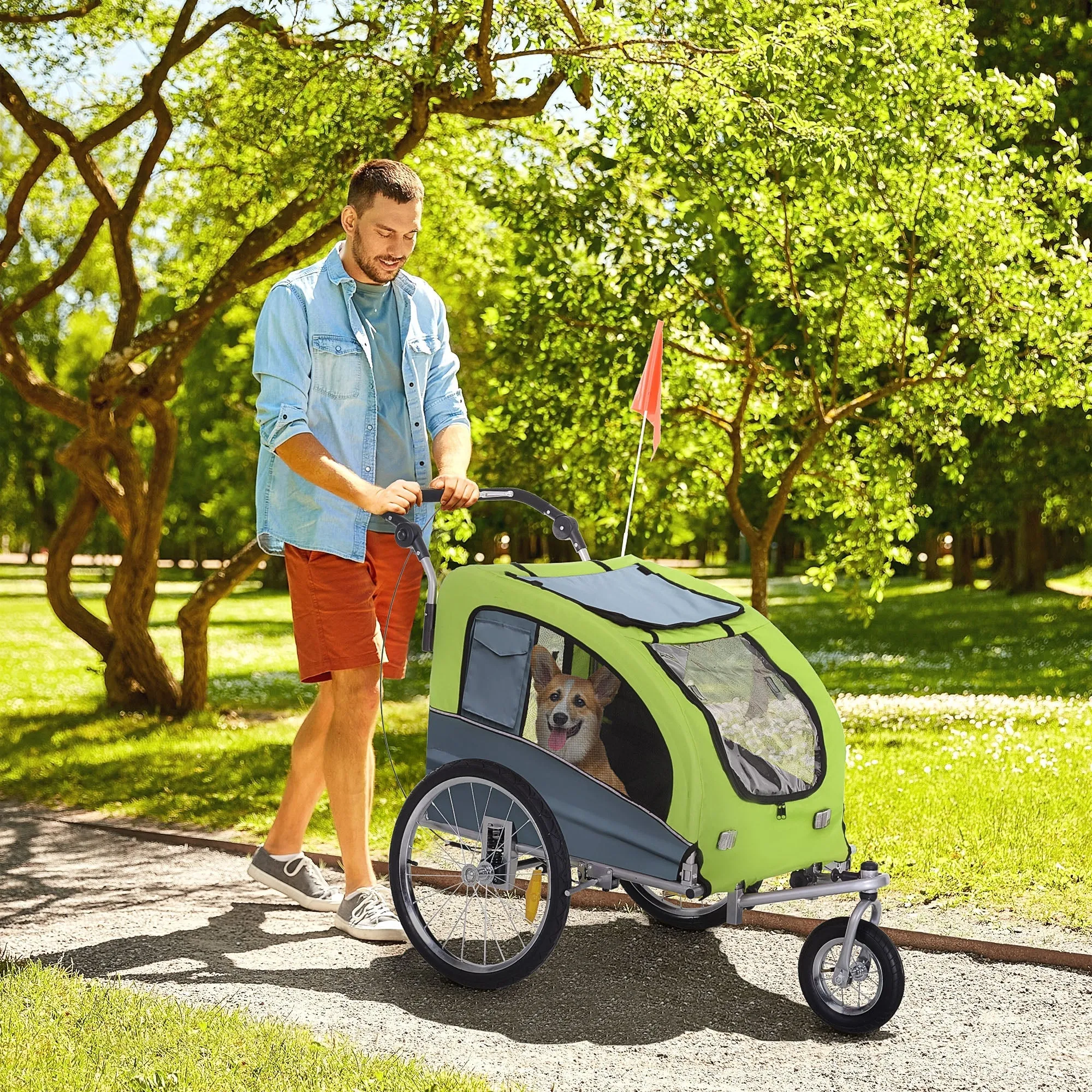 PawHut Dog Bike Trailer Pet Stroller Cart Carrier for Bicycle 360¡ Rotatable with Reflectors 3 Wheels Hitch Coupler Push/ Pull/ Brake Water Resistant Green