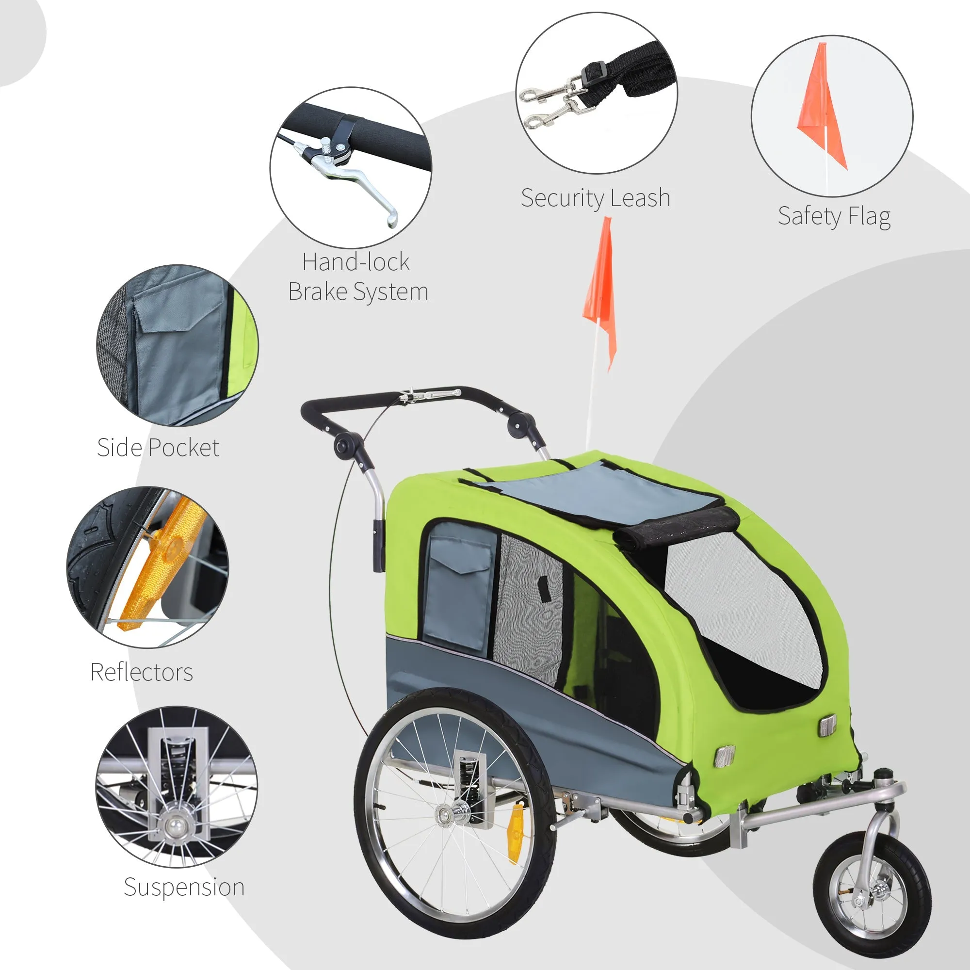 PawHut Dog Bike Trailer Pet Stroller Cart Carrier for Bicycle 360¡ Rotatable with Reflectors 3 Wheels Hitch Coupler Push/ Pull/ Brake Water Resistant Green