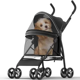 Pet Stroller with 4 Wheels for Small/Medium Pets, Portable Travel Foldable Carrier Jogger for Dog Cat Puppy Kitty, Rear Wheel Breaks, Storage Basket, Visible Mesh with Weather Cover (Black)