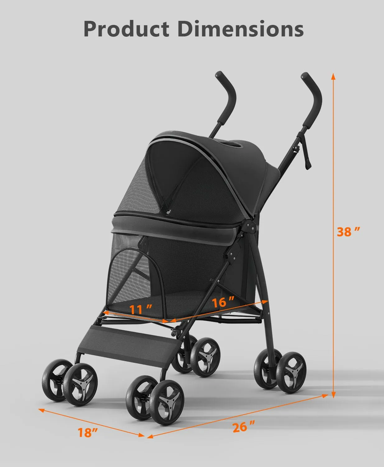 Pet Stroller with 4 Wheels for Small/Medium Pets, Portable Travel Foldable Carrier Jogger for Dog Cat Puppy Kitty, Rear Wheel Breaks, Storage Basket, Visible Mesh with Weather Cover (Black)