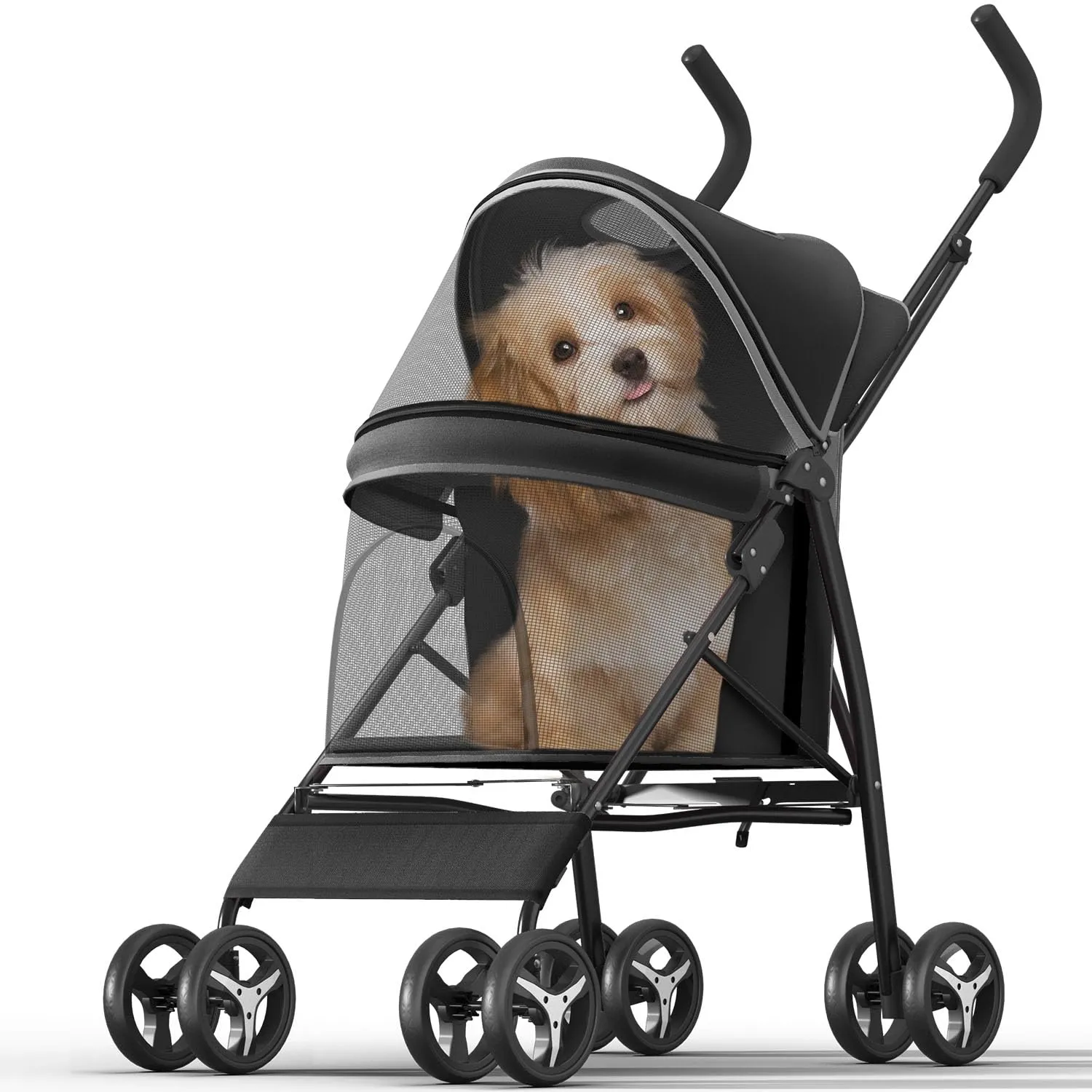 Pet Stroller with 4 Wheels for Small/Medium Pets, Portable Travel Foldable Carrier Jogger for Dog Cat Puppy Kitty, Rear Wheel Breaks, Storage Basket, Visible Mesh with Weather Cover (Black)