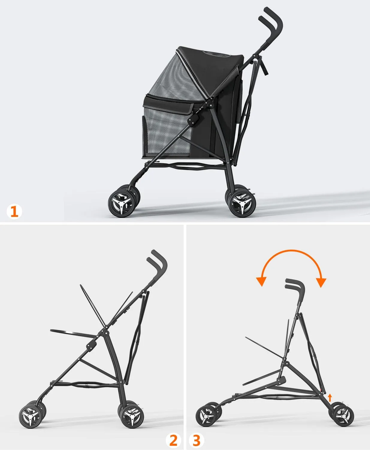 Pet Stroller with 4 Wheels for Small/Medium Pets, Portable Travel Foldable Carrier Jogger for Dog Cat Puppy Kitty, Rear Wheel Breaks, Storage Basket, Visible Mesh with Weather Cover (Black)