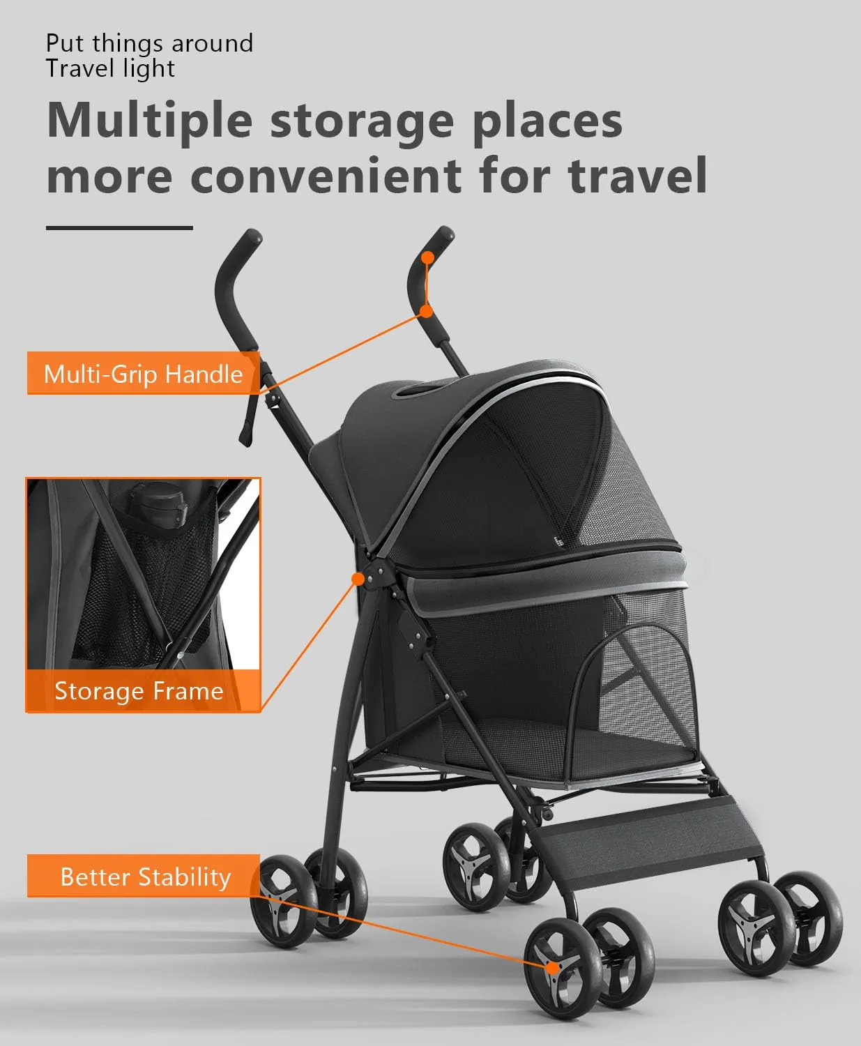 Pet Stroller with 4 Wheels for Small/Medium Pets, Portable Travel Foldable Carrier Jogger for Dog Cat Puppy Kitty, Rear Wheel Breaks, Storage Basket, Visible Mesh with Weather Cover (Black)