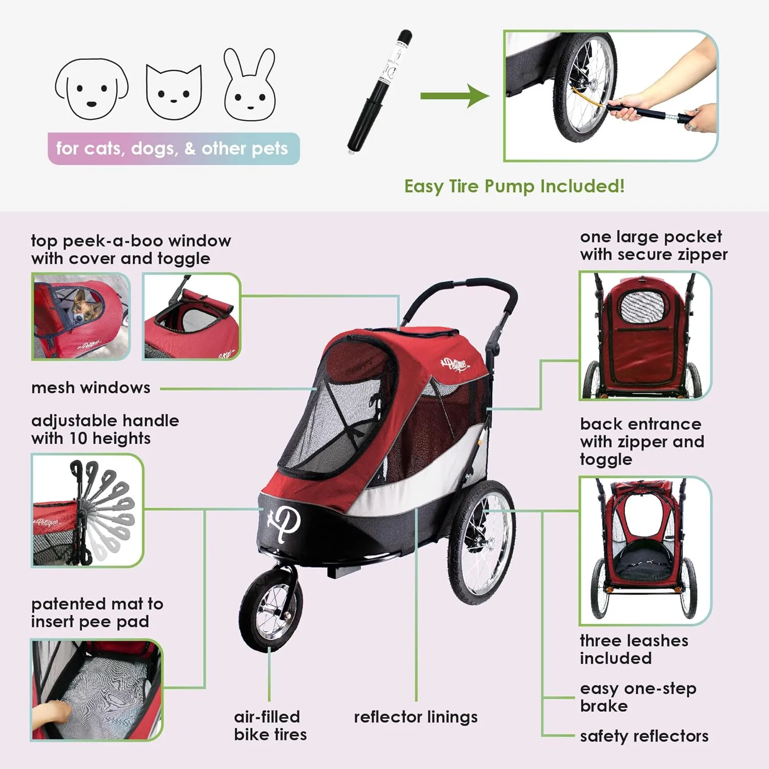 Petique Trailblazer Pet Jogger/Stroller, Bike Trailer, Shock Absorbing Bike Wheels, Large Entry Way, Peek-a-Boo Window, Small/Medium/Large Dogs, Cats and Pets, Supports up to 77LBS - Mars (Red)