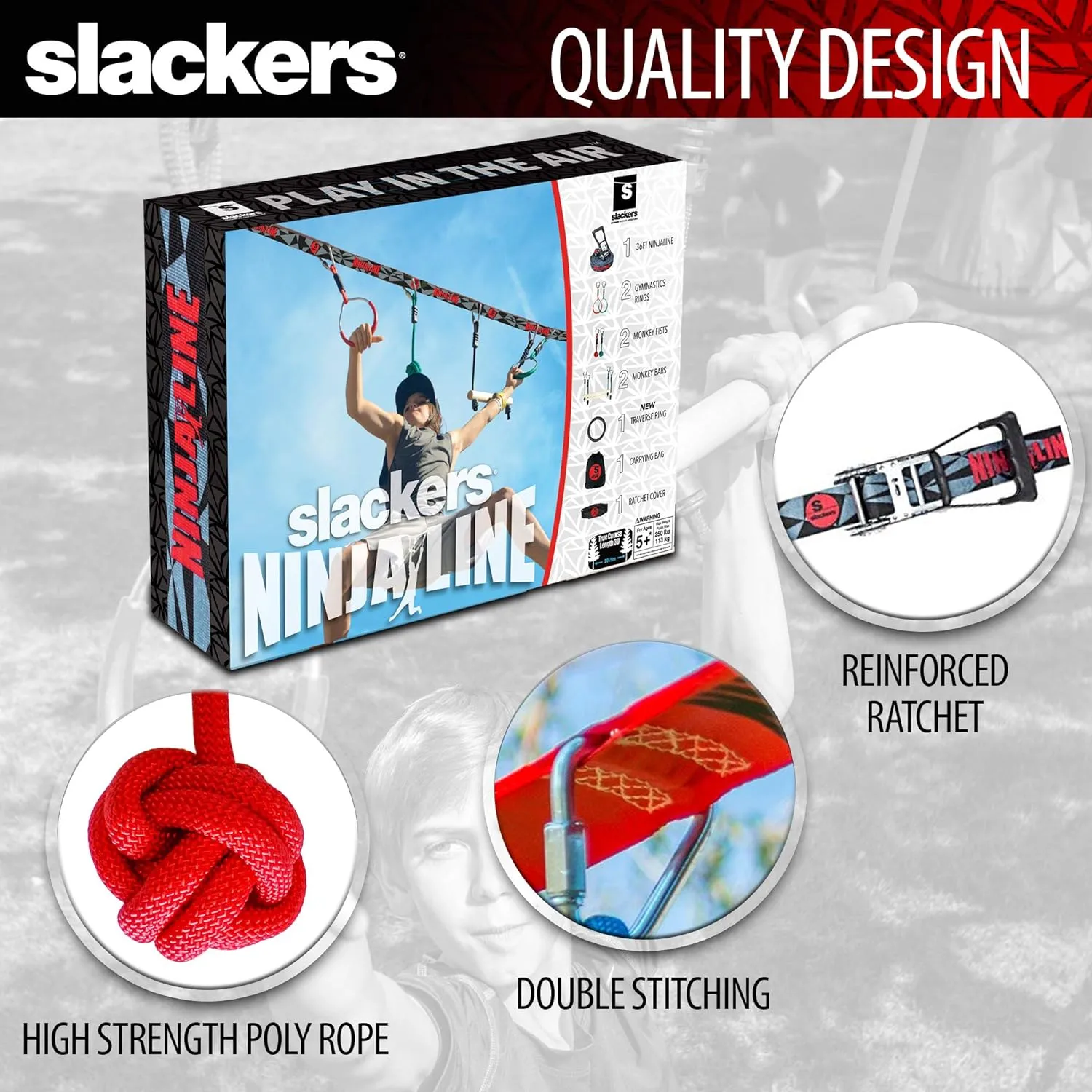 Slackers Ninja Line 36 ft Intro Kit 7 Hanging Obstacles 5yrs 