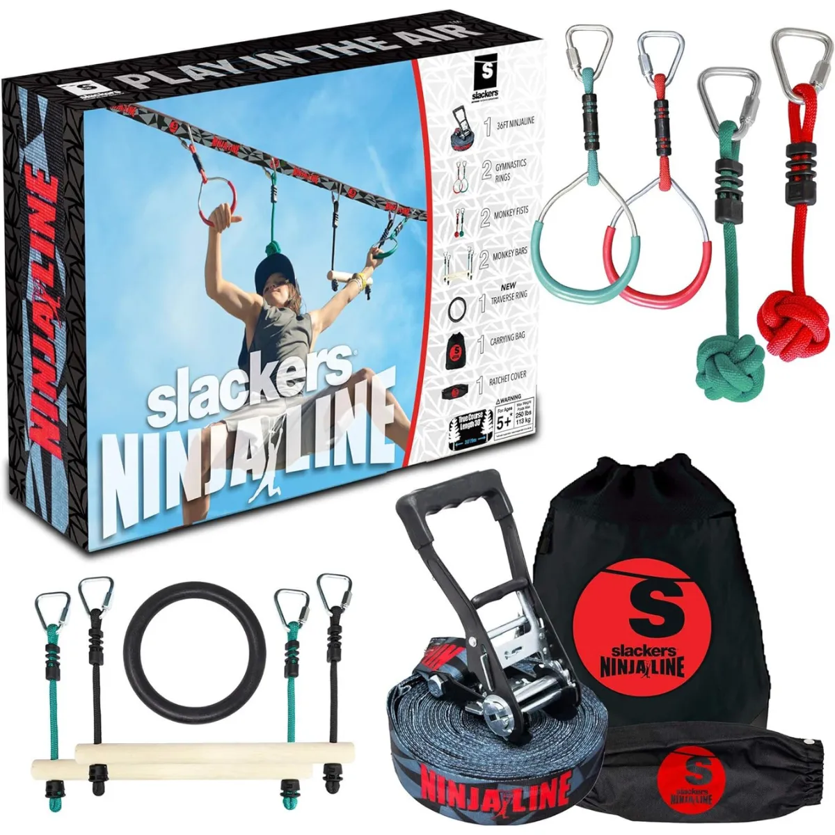Slackers Ninja Line 36 ft Intro Kit 7 Hanging Obstacles 5yrs 