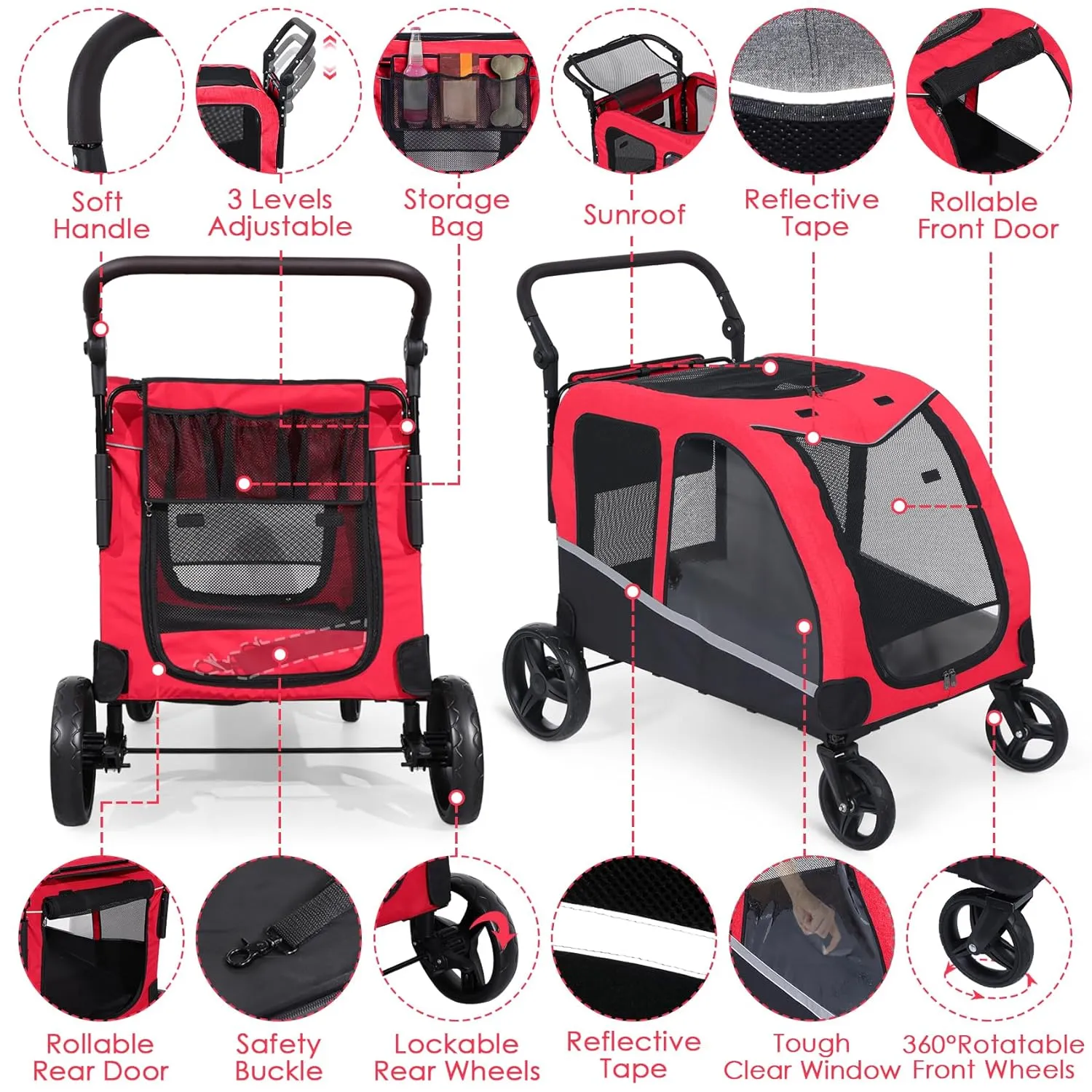 Stroller for Large Dogs, Extra Large Pet Stroller for Medium 2 Dogs, Dog Wagon, Dog Carriage, Foldable Design, Adjustable Handle, with Pocket, Up to 160 lbs, Red