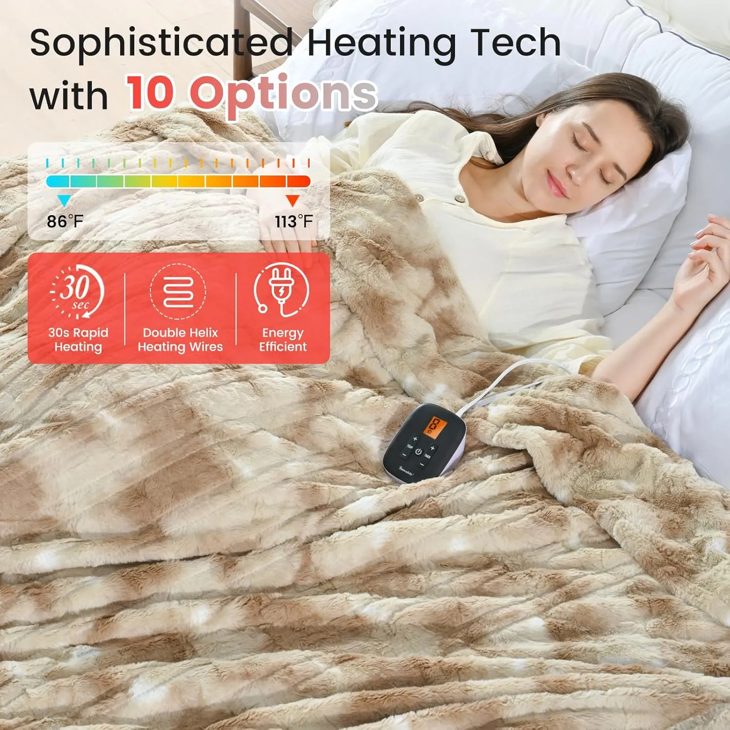 Sunable Heated Electric Blanket - Machine Washable Blanket with Time Settings 10 Heat Settings Full Size 7784 inches Beige - Faux Fur