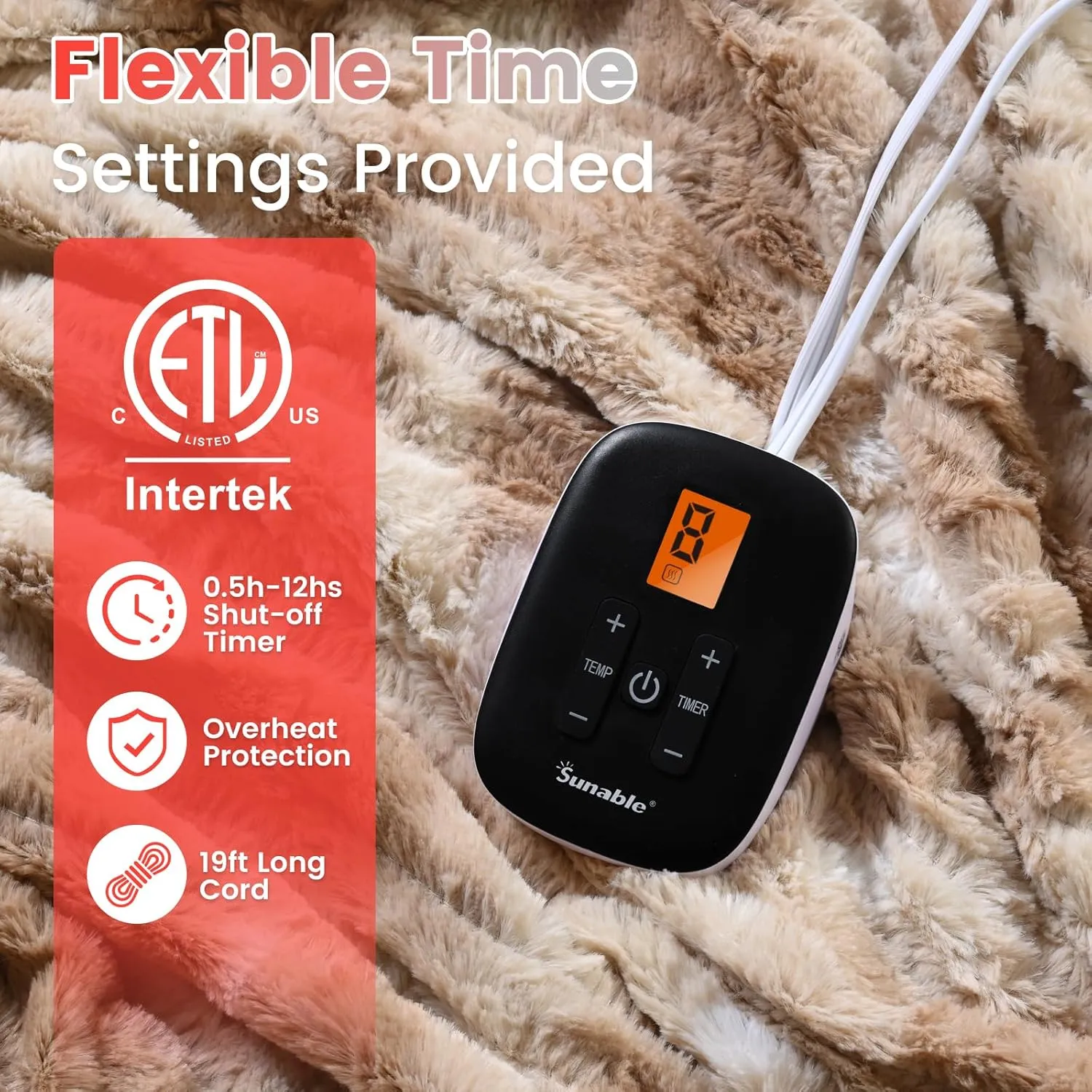 Sunable Heated Electric Blanket - Machine Washable Blanket with Time Settings 10 Heat Settings Full Size 7784 inches Beige - Faux Fur