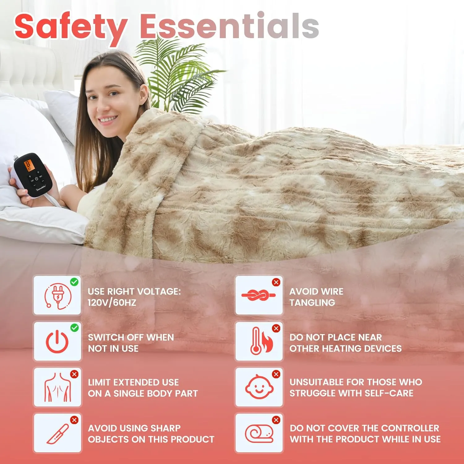 Sunable Heated Electric Blanket - Machine Washable Blanket with Time Settings 10 Heat Settings Full Size 7784 inches Beige - Faux Fur