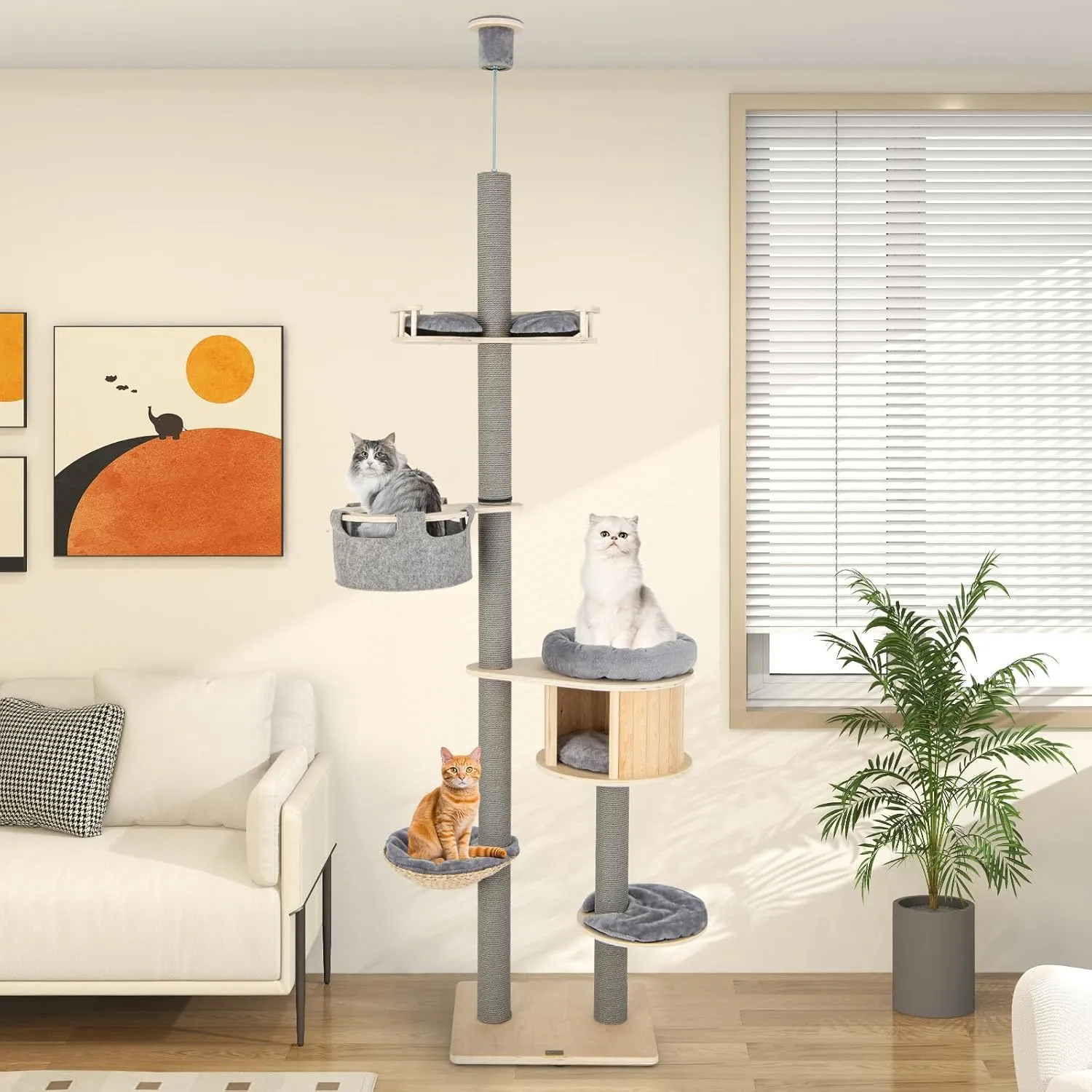 Tangkula Floor to Ceiling Cat Tree, 5 Tier Tall Cat Tower with Adjustable Height (100-110 Inch) for Large Cats, Wood Cat Climbing Pole with Cat Condo, Scratching Post, Cattail Basket Bed, Hammock