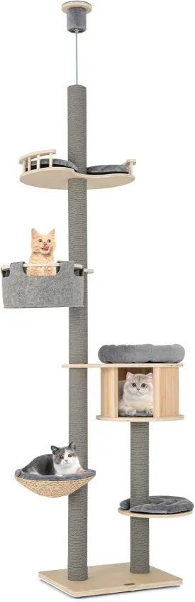 Tangkula Floor to Ceiling Cat Tree, 5 Tier Tall Cat Tower with Adjustable Height (100-110 Inch) for Large Cats, Wood Cat Climbing Pole with Cat Condo, Scratching Post, Cattail Basket Bed, Hammock
