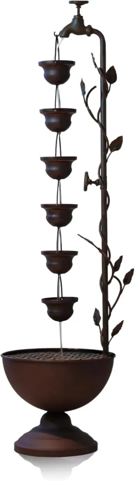Tiered Vintage Water Fountain - Indoor/Outdoor Metal Fountain with 6 Hanging Cups, Fade Resistant, 31H for Home Decor.