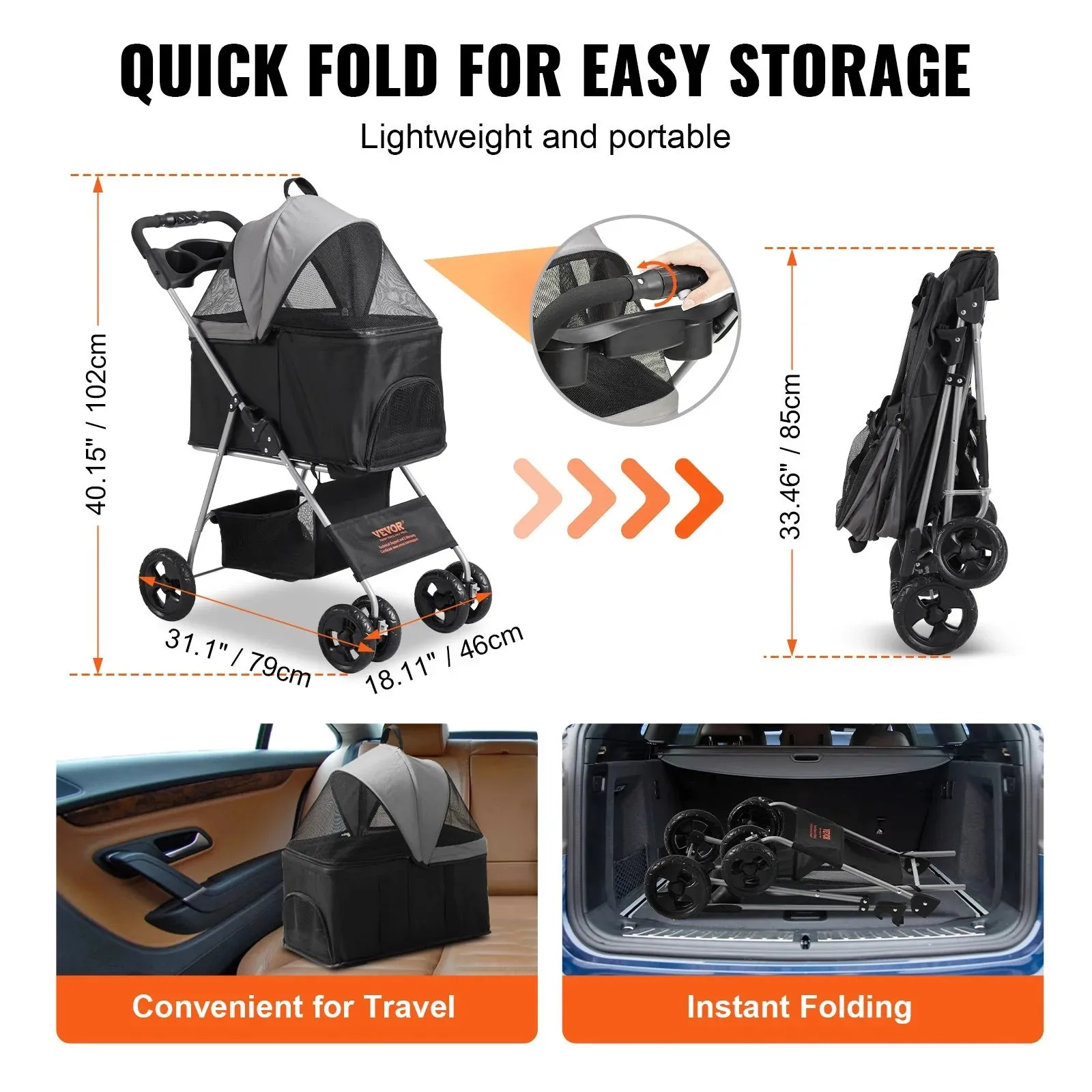 VEVOR Pet Stroller, 4 Wheels Dog Stroller Rotate with Brakes, 35Lbs Weight Capacity, Puppy Stroller with Detachable Carrier, Storage Basket and Cup Holder, for Dogs and Cats Travel, Black Dark Grey