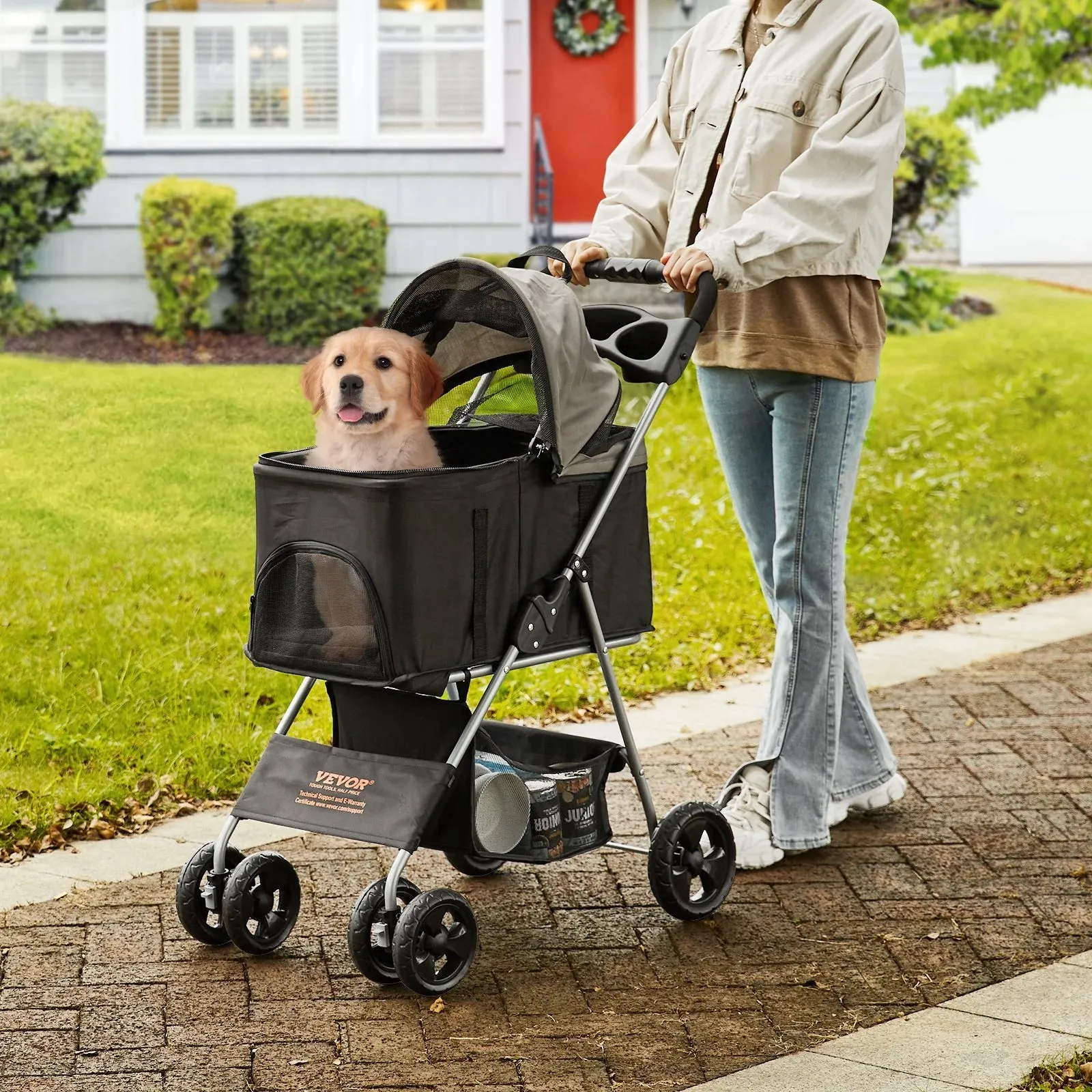 VEVOR Pet Stroller, 4 Wheels Dog Stroller Rotate with Brakes, 35Lbs Weight Capacity, Puppy Stroller with Detachable Carrier, Storage Basket and Cup Holder, for Dogs and Cats Travel, Black Dark Grey