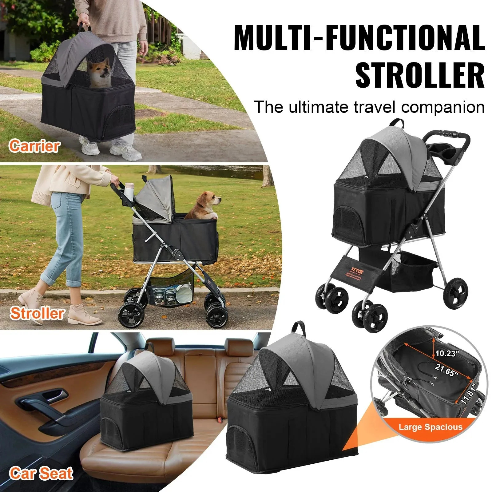 VEVOR Pet Stroller, 4 Wheels Dog Stroller Rotate with Brakes, 35Lbs Weight Capacity, Puppy Stroller with Detachable Carrier, Storage Basket and Cup Holder, for Dogs and Cats Travel, Black Dark Grey
