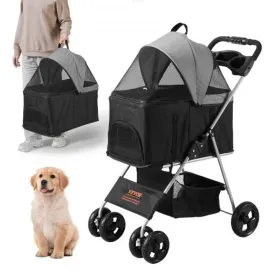 VEVOR Pet Stroller, 4 Wheels Dog Stroller Rotate with Brakes, 35Lbs Weight Capacity, Puppy Stroller with Detachable Carrier, Storage Basket and Cup Holder, for Dogs and Cats Travel, Black Dark Grey