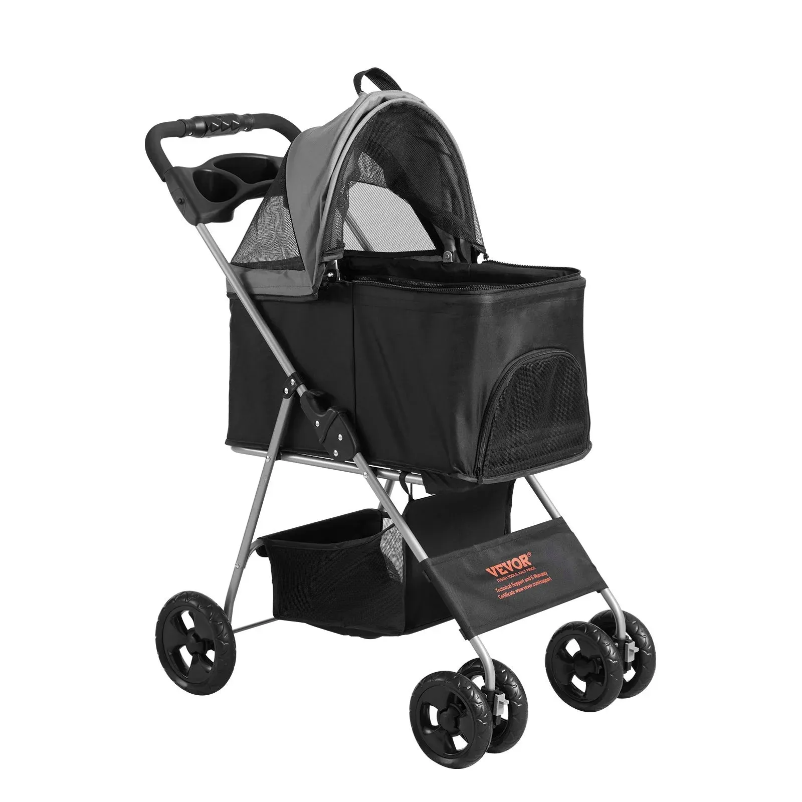 VEVOR Pet Stroller, 4 Wheels Dog Stroller Rotate with Brakes, 35Lbs Weight Capacity, Puppy Stroller with Detachable Carrier, Storage Basket and Cup Holder, for Dogs and Cats Travel, Black Dark Grey