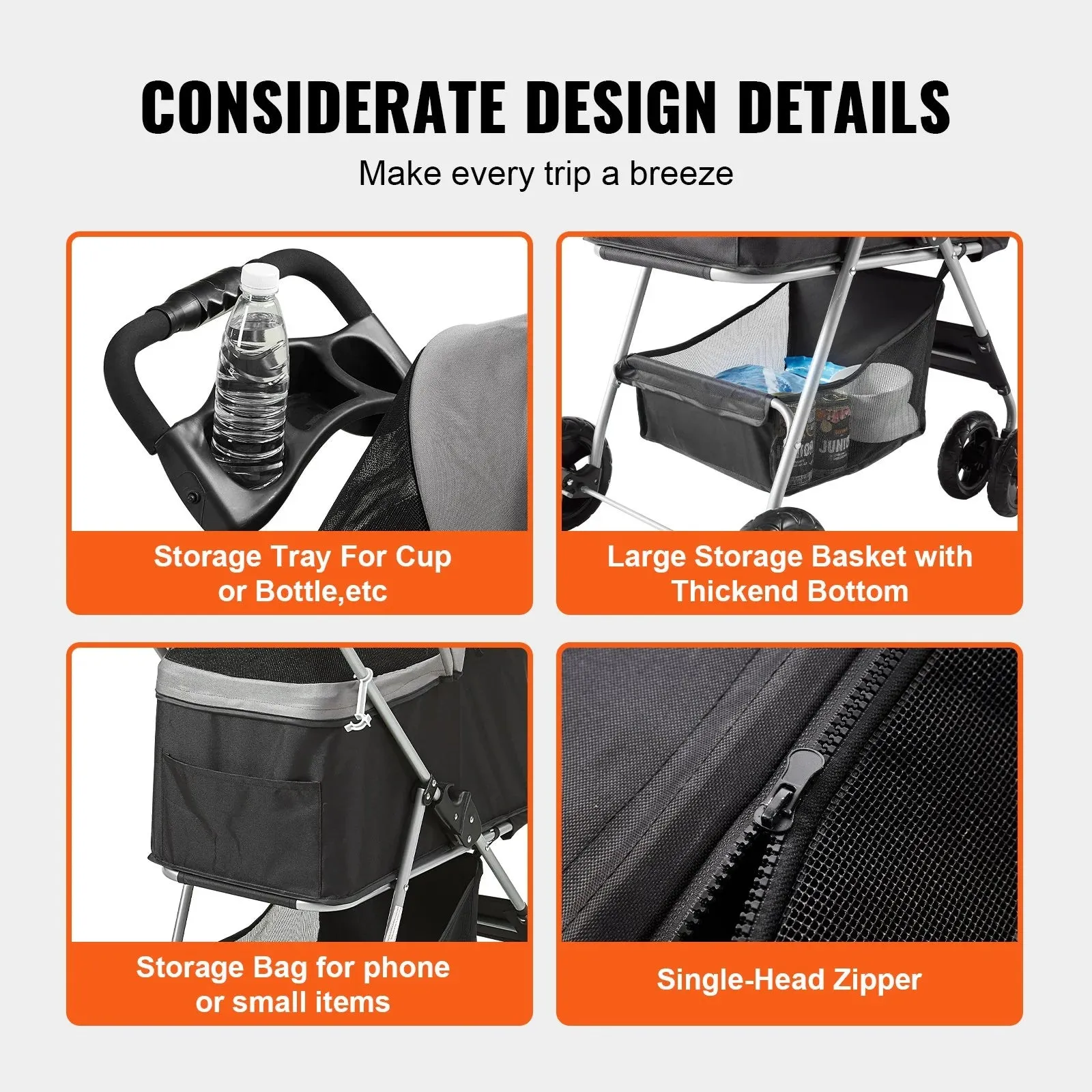 VEVOR Pet Stroller, 4 Wheels Dog Stroller Rotate with Brakes, 35Lbs Weight Capacity, Puppy Stroller with Detachable Carrier, Storage Basket and Cup Holder, for Dogs and Cats Travel, Black Dark Grey