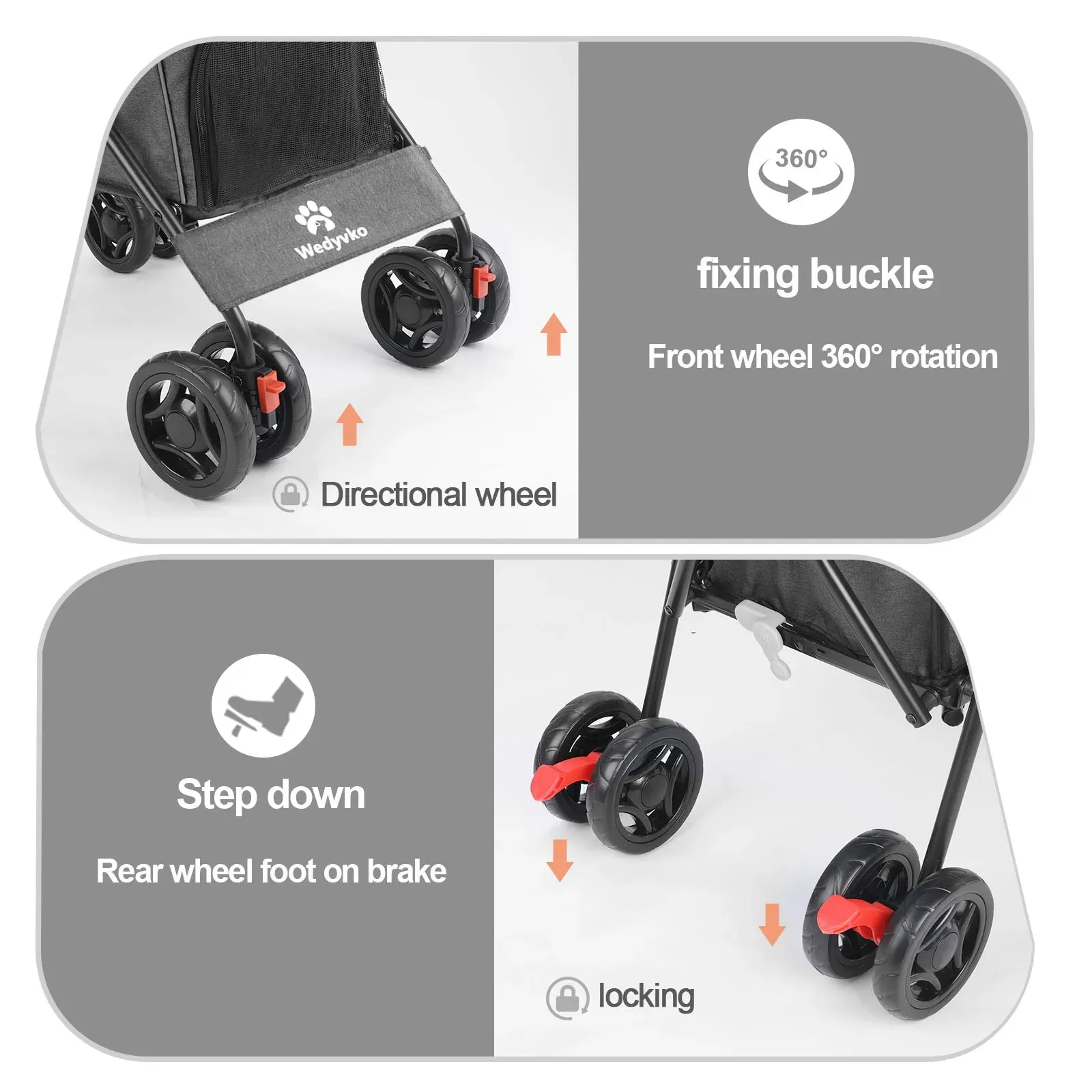 Wheel Pet Dog Stroller with Rotating Wheels &amp; Brakes