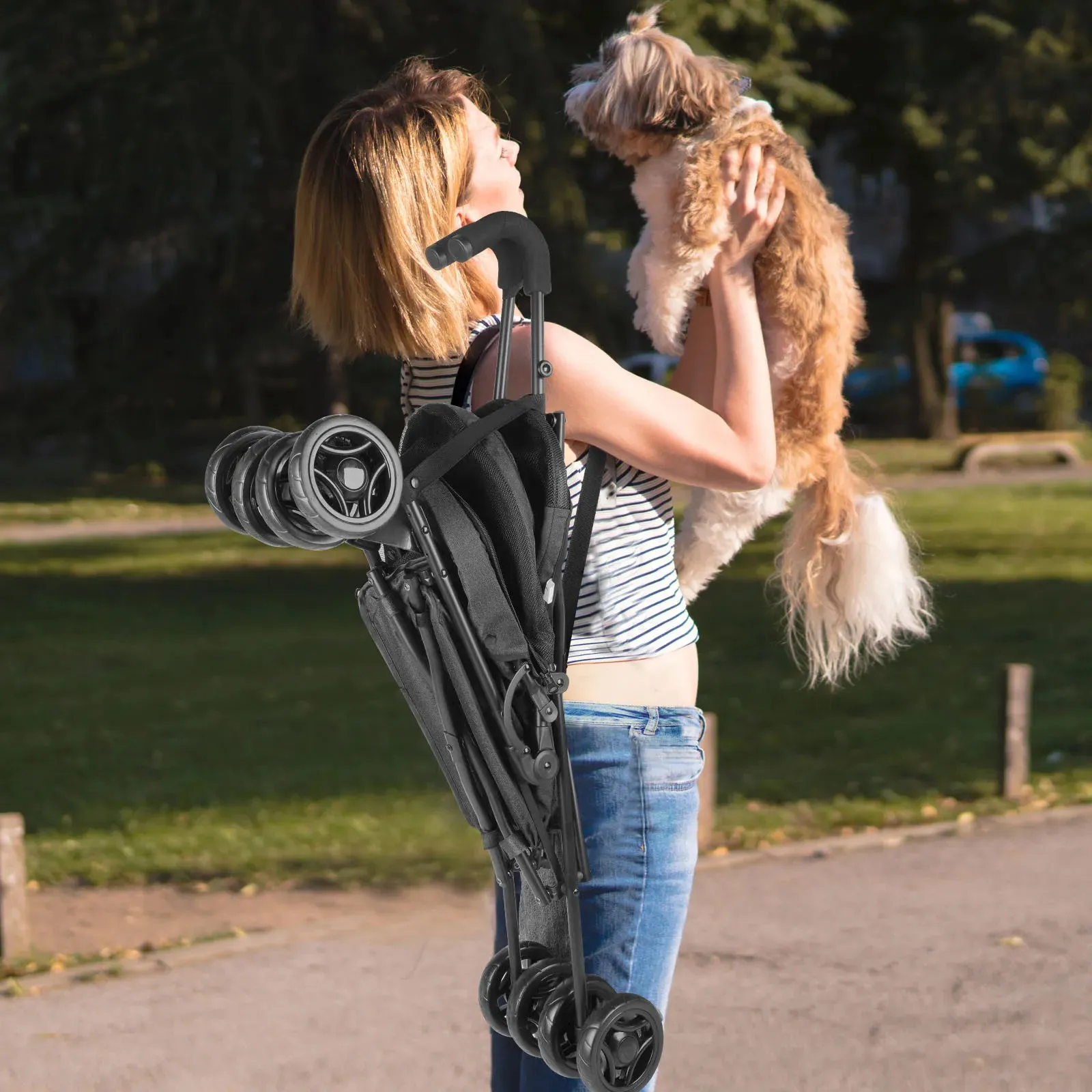 Wheel Pet Dog Stroller with Rotating Wheels &amp; Brakes