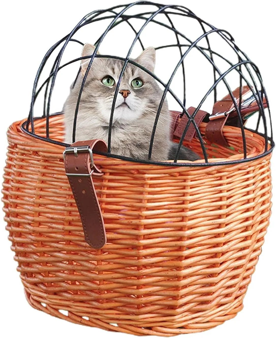 Wicker Bike Basket for Small Dogs Cats Pet Carrier Front Basket with Wire Mesh Cover (Honey color)