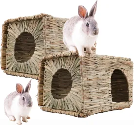 WUWEOT 2 Pack Large Grass Bunny House, Foldable Woven Animal Hut, Play Hideaway Bed Hay Mat Chew Toy for Rabbit, Guinea Pigs, Gerbils, Hamster and Small Animals, 11"x8"x8"