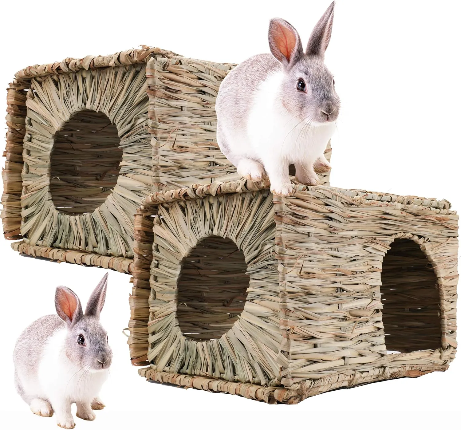 WUWEOT 2 Pack Large Grass Bunny House, Foldable Woven Animal Hut, Play Hideaway Bed Hay Mat Chew Toy for Rabbit, Guinea Pigs, Gerbils, Hamster and Small Animals, 11"x8"x8"